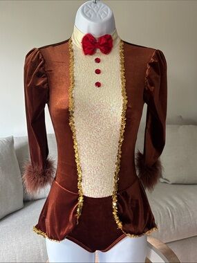 Velvet Brown & Cream Sequin Dance Costume Leotard with Red Bow